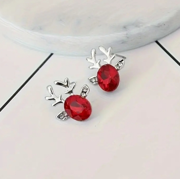 Red Reindeer Antler Christmas Earrings - Picture 4 of 5